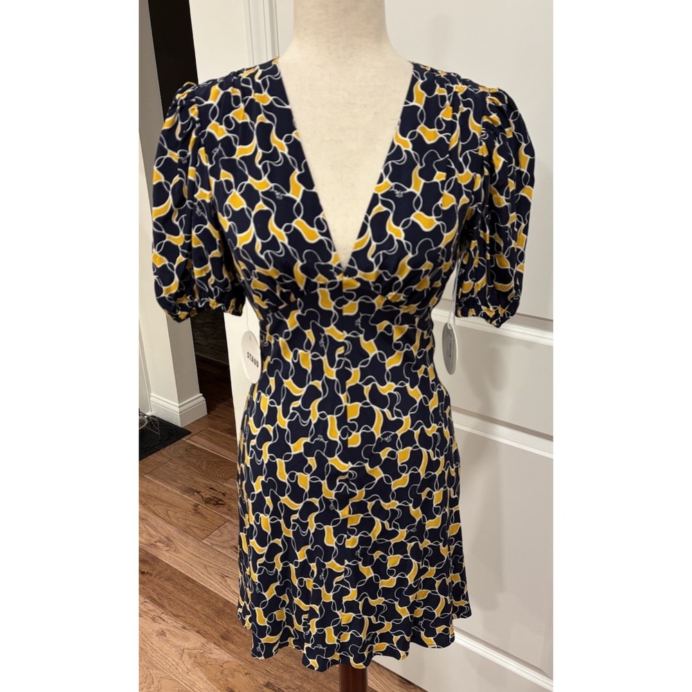 NWT STAUD Mini Milla V-Neck Dress in Navy Yellow Abstract Wave Print Women's 2